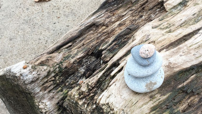 Rock sculpture on a log on the beach