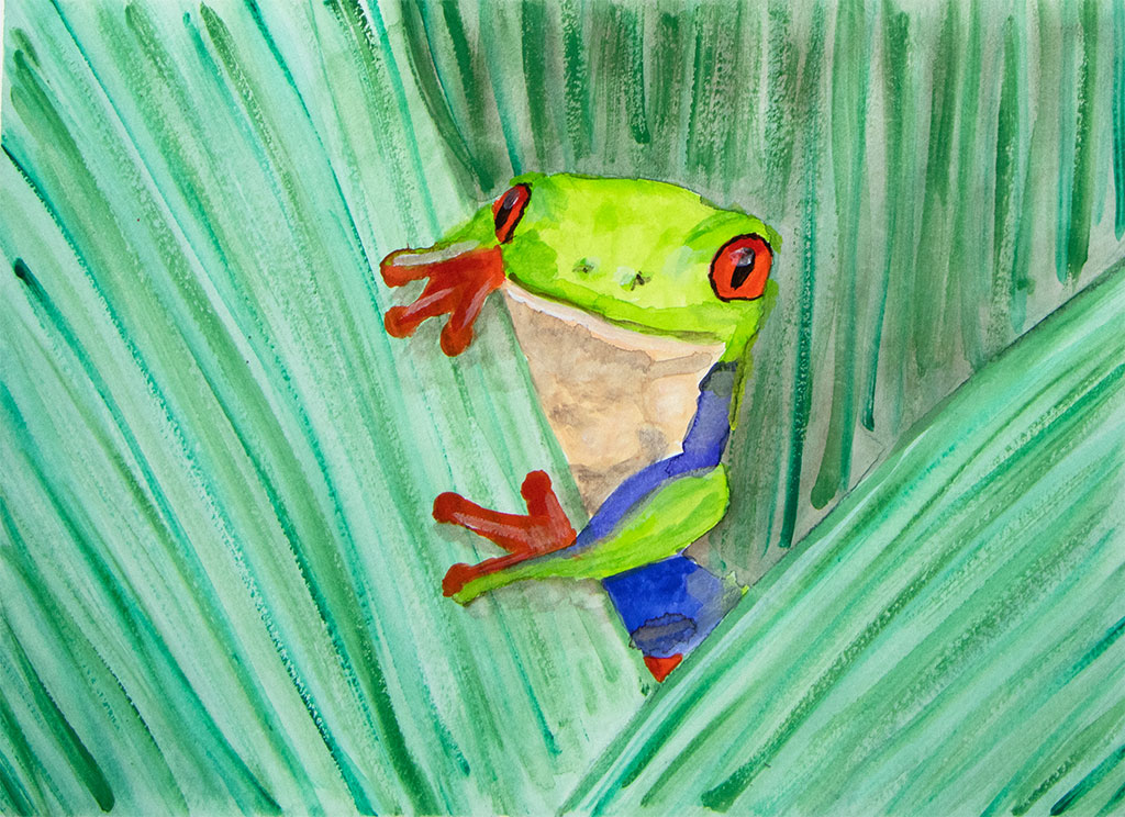 gouache painting of a tree frog on a leaf